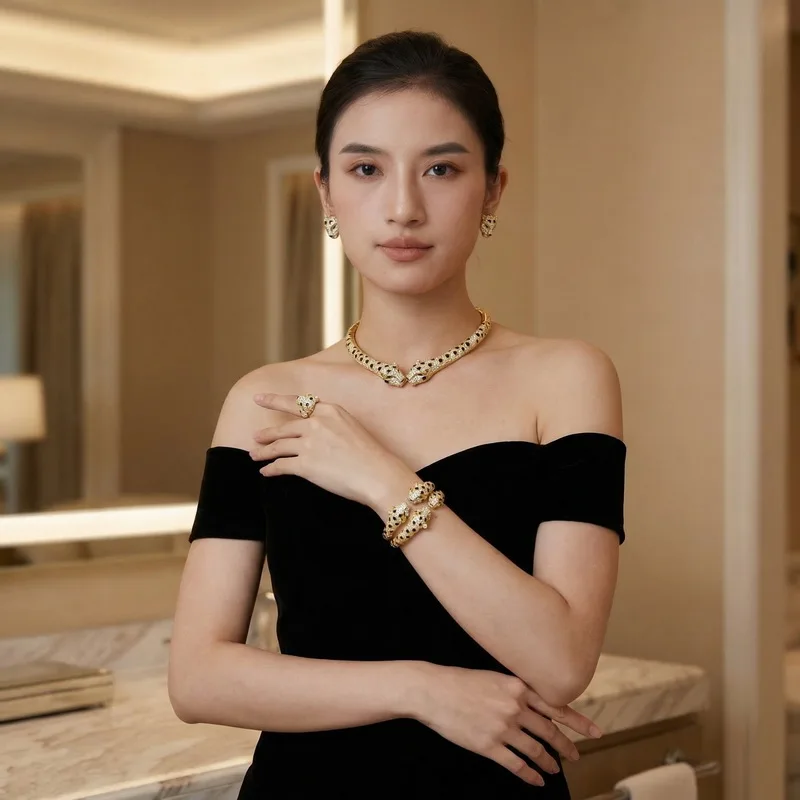 Europe America Ring Earrings Bracelet Choker Necklace Inlay Cubic Zircon Black Enamel Spots Double Leopard Panther Jewelry Sets