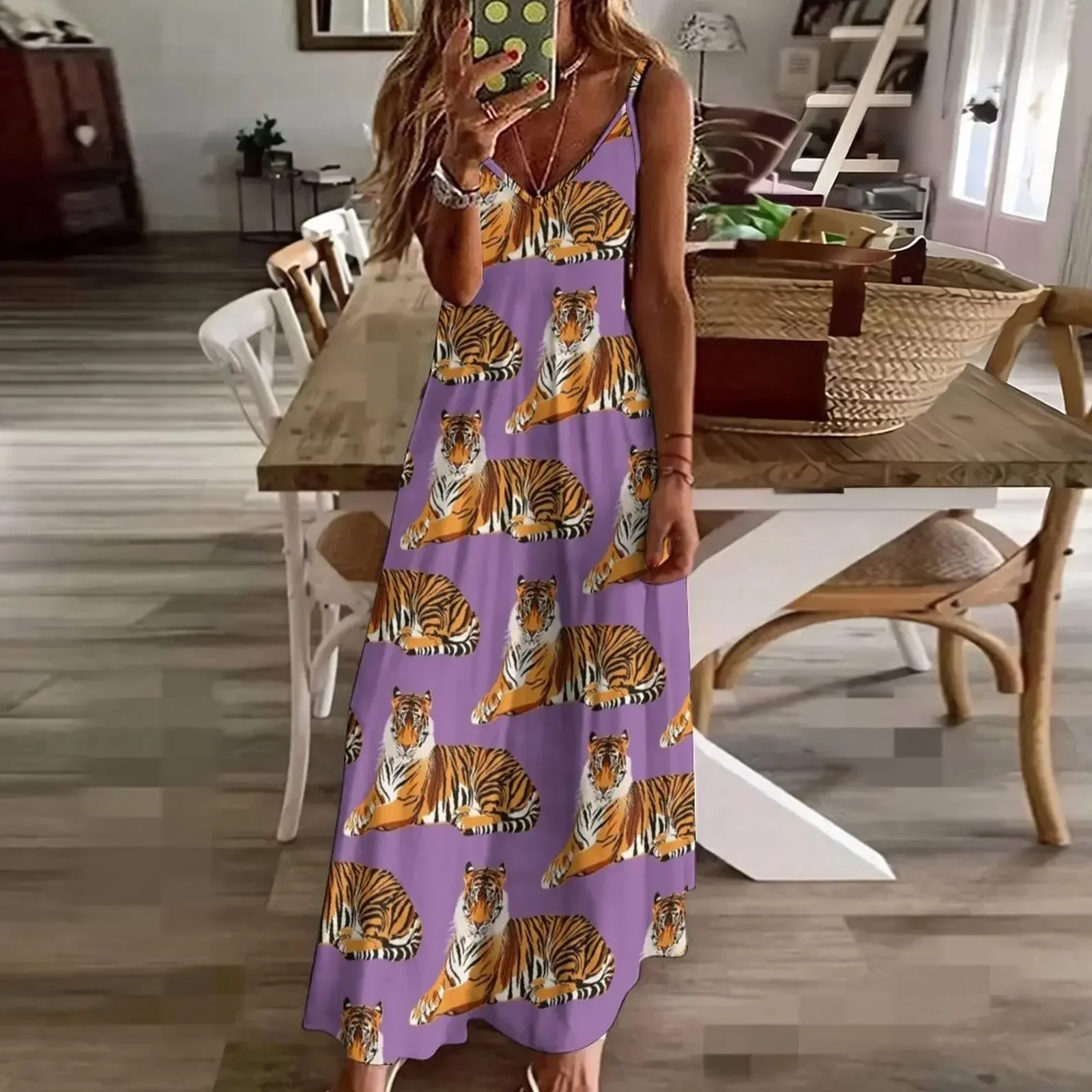 Tiger Pattern on Purple Background Sleeveless Dress Long dress women party dresses clothes for women Dress