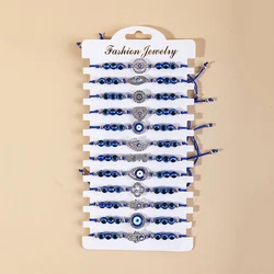 12Pcs/Lot Eyes Heart Fatima Hand Alloy Charm Bracelet Set Blue Beads Braided Rope Adjustable Bracelet For Women Men Jewelry Gift