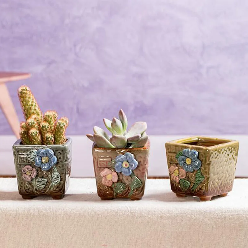 Porcelain Coloured Drawing Flower Pot Retro Handmade Crafts Plant Pot Square Shape Vase Desktop Ornaments Home Decor