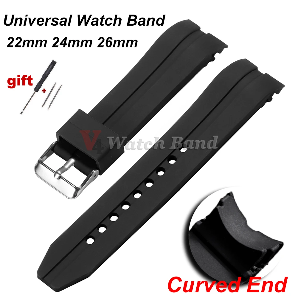 Pulseira de relógio universal com extremidade curvada, 22mm 24mm 26mm, pulseira de relógio macio, à prova d'água, borracha de silicone, pulseira de relógio esportivo para homens e mulheres