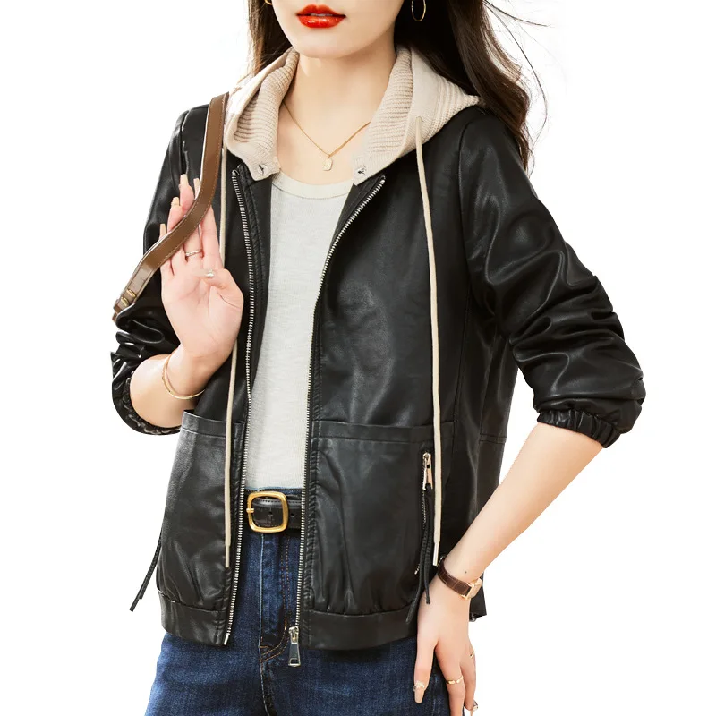 Leather jacket for women's 2024 new spring and autumn season, small and short casual fashion hooded patchwork sheepskin top