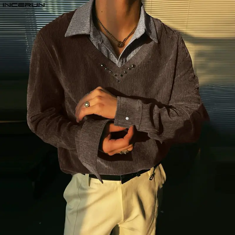 

INCERUN Мужская рубашка с лацканами и длинным рукавом в стиле пэчворк, свободная повседневная мужская одежда, уличная одежда, рубашки в корейском стиле, модные мужские топы, S-5XL