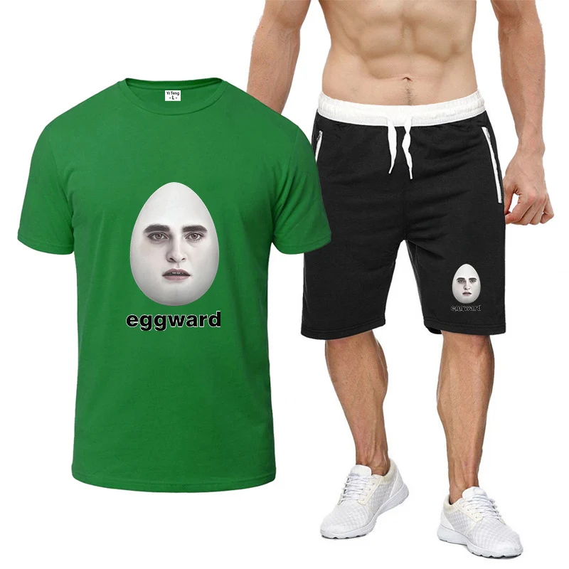 

2026 Hot Twilight Eggward Funny Print Summer Men's New Nine-color Short-sleeved Set Breathable Thin T-shirt + Sports Pants Suit