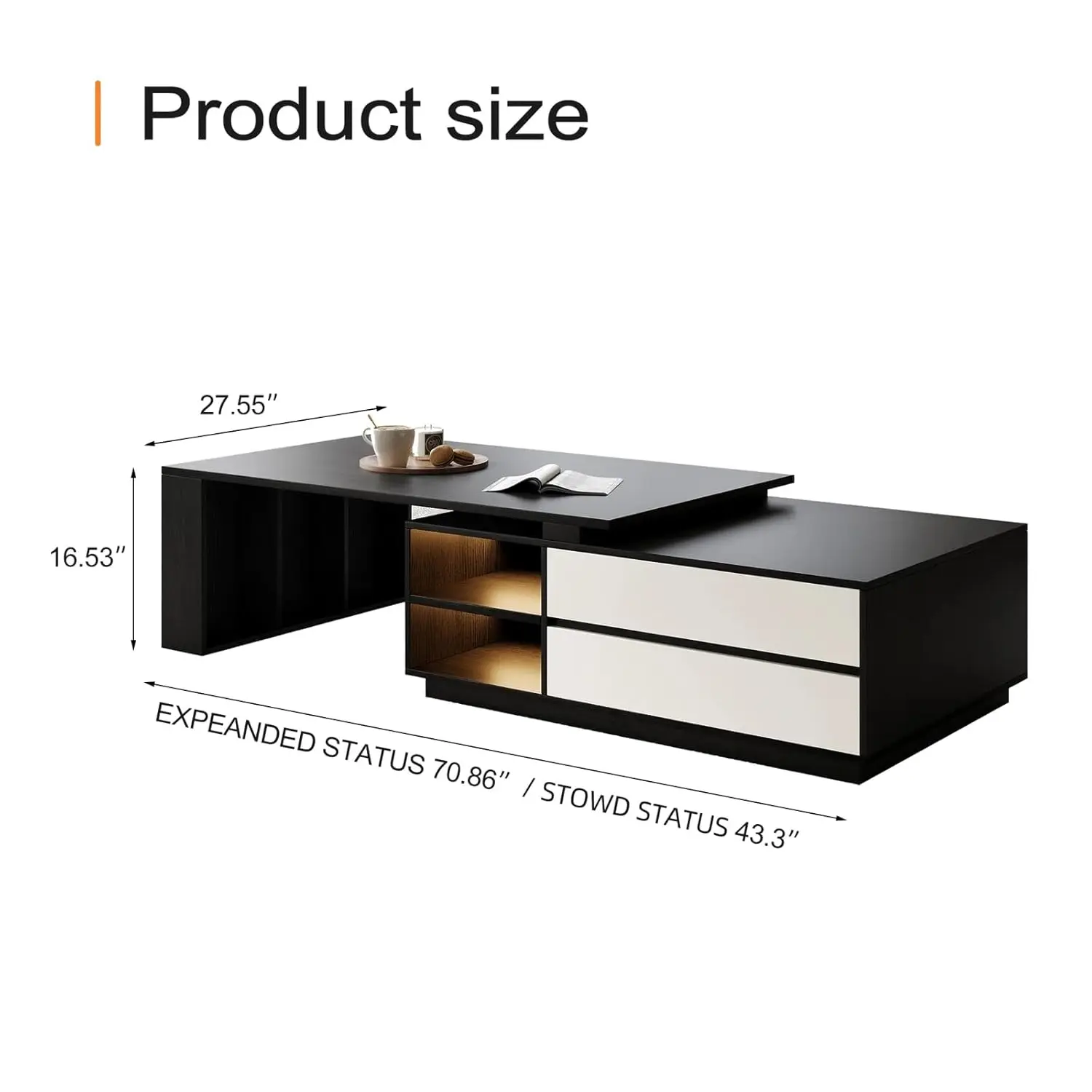 Modern LED Lighted Storage Coffee Table, Light Grey/Off White Wood Grain Finish Coffee Table With 2 Drawers, Storage Drawer And