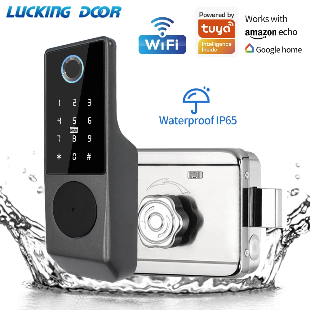 Waterproof Tuya Wifi APP Control Smart Fingerprint RFID Card Outdoor Door Intelligent Lock Keyless Motor Rim Lock Google Alexa