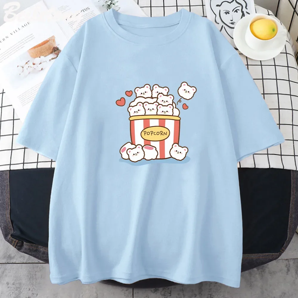 Cute Kawaii Popcorn T-Shirt Woman Cartoon Cute Graphic Tees Summer Unisex Pure Cotton Print Vintage Harajuku Clothes Vintage