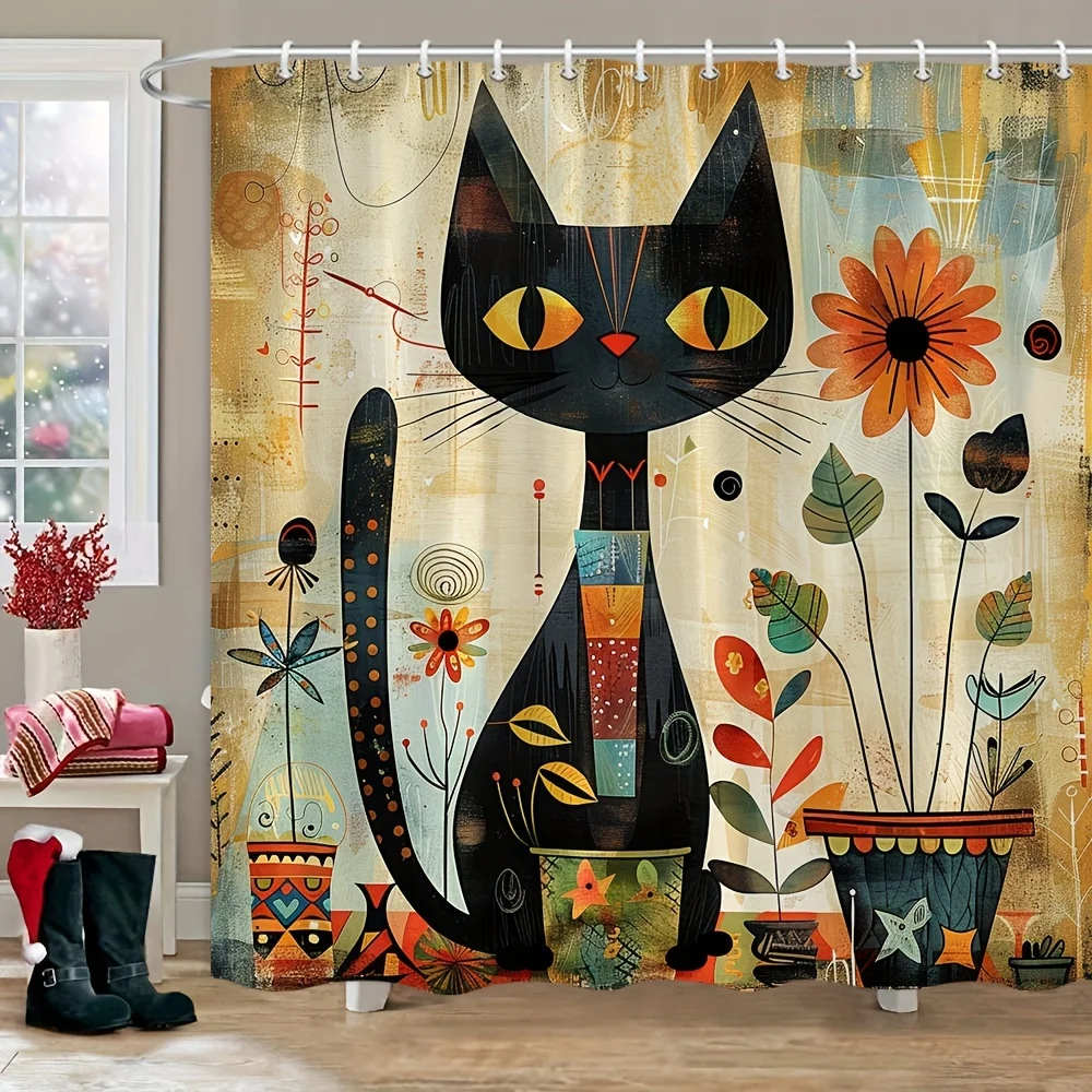 1pc Rustic Black Cat And Sunflower Shower Curtain, Vintage Watercolor Cartoon Cat Design, Polyester Fabric Bathroom Decor With ,