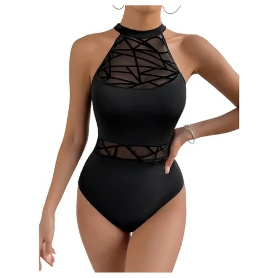

WDIRARA Women's Sleeveless Halter Bodysuit Mesh Sheer Leotard Tank Body Suit