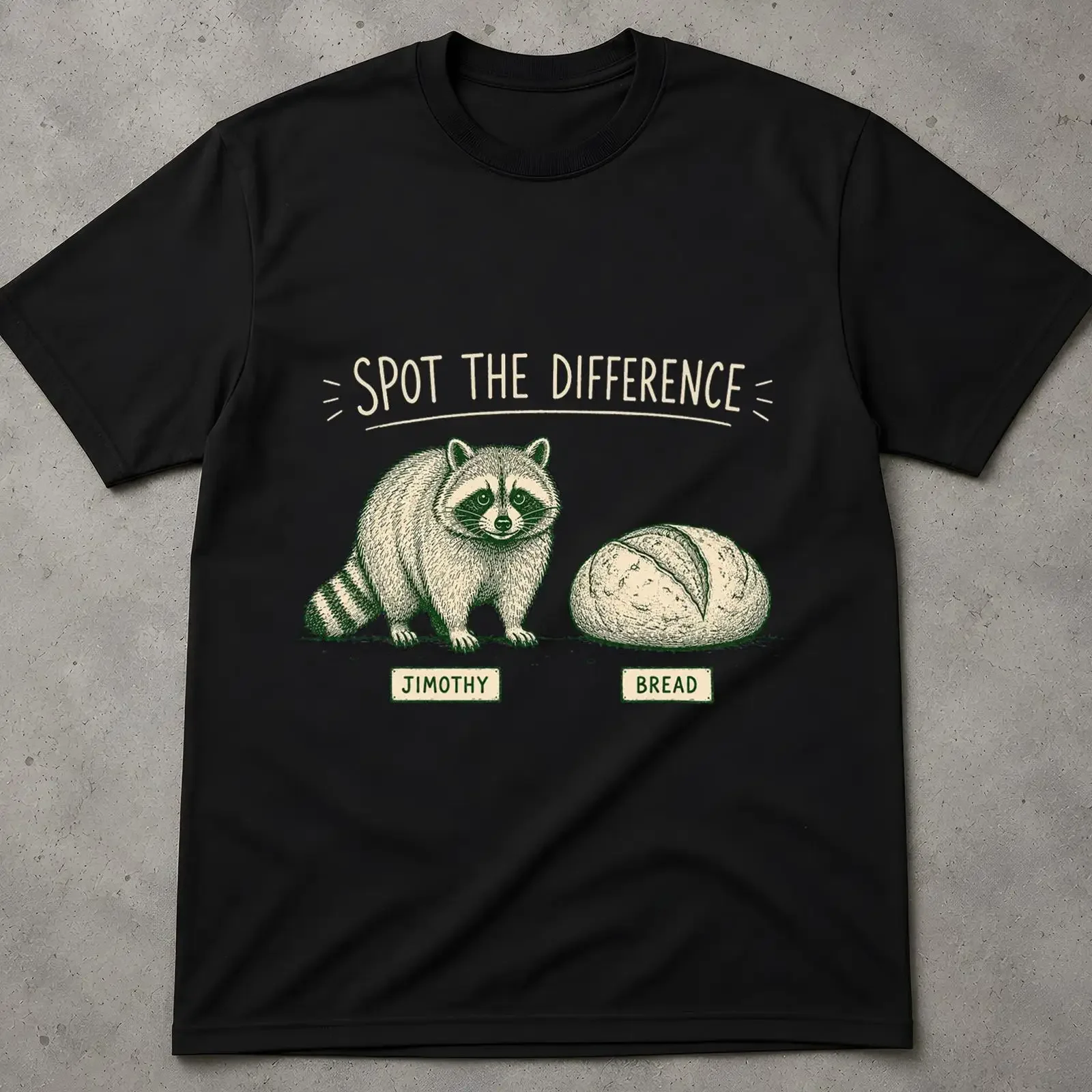 Spot The Difference Jimothy Raccoon Vs Bread Funny Meme T Shirt Casual Feral Lover vintage Washed homme Stretched fashion