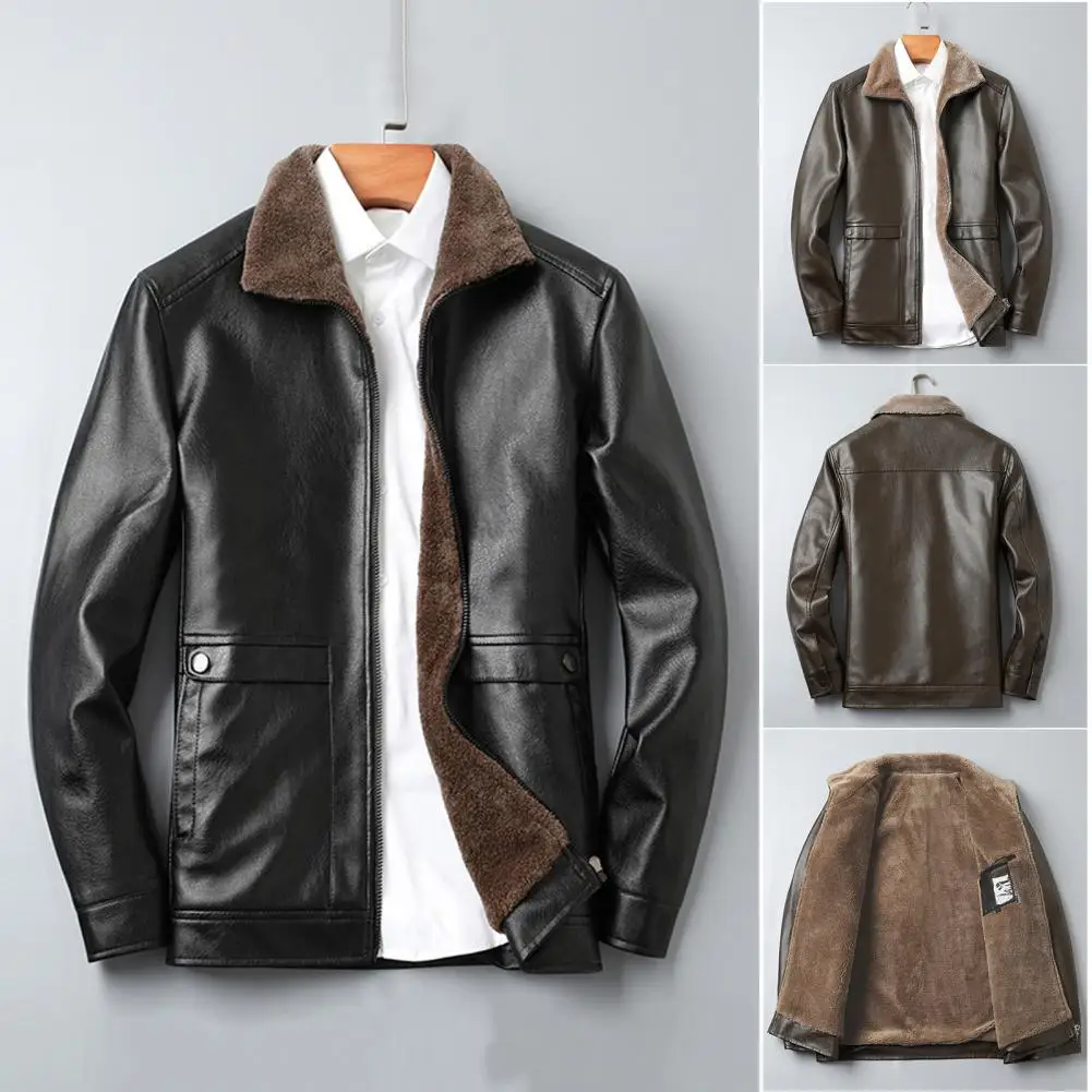 Men Faux Leather Jacket Stylish Men's Lapel Faux Leather Jacket with Plush Lining Side Pockets Windproof Biker for Winter