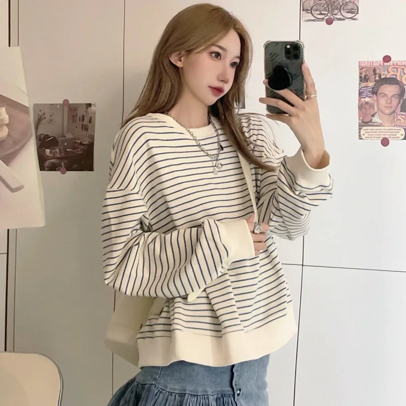 Damen Herbst Aprikosenfarben Gestreiftes Neues T-Shirt Mädchen Studenten Koreanischer Stil Locker Sitzendes Oberteil Sweatshirt Rundhals Pullover Langarm T-Shirt – Detail 10
