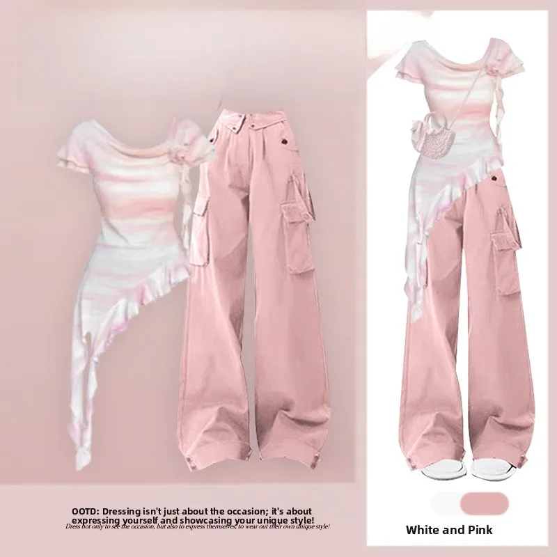 Korean Sle Summer Outfit Women's Dopane Irregular ort Sve T-irt Pink Workwear Pants Two-Piece Set Faionable Casual