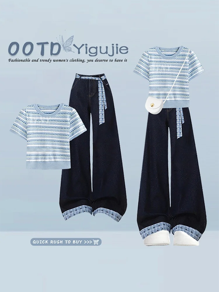 

Blue Striped round Neck Short Sleeve Summer Top And Wide Leg Jeans Two Piece Set Korean Style College Fashion And Clean