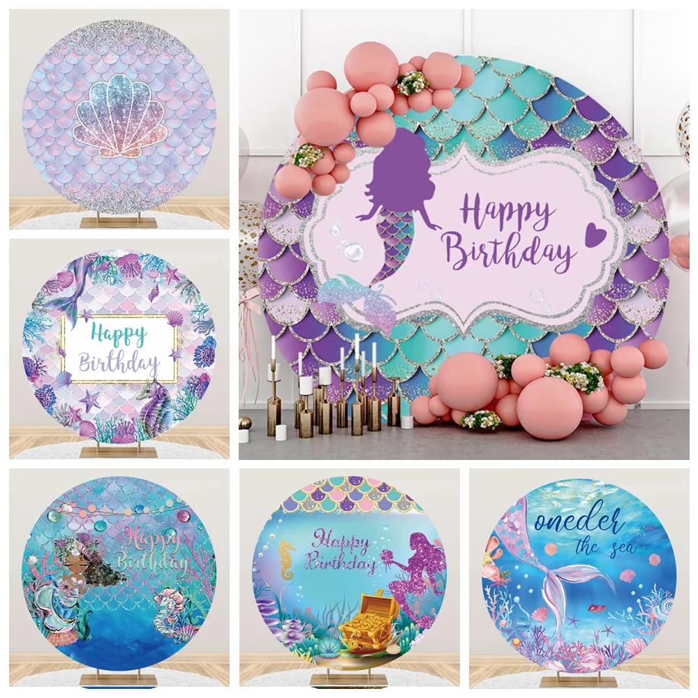 

Mermaid Round Circle Photography Backdrop For Girls Birthday Party Decor Under The Sea Scales Shark Baby Shower Photo Background