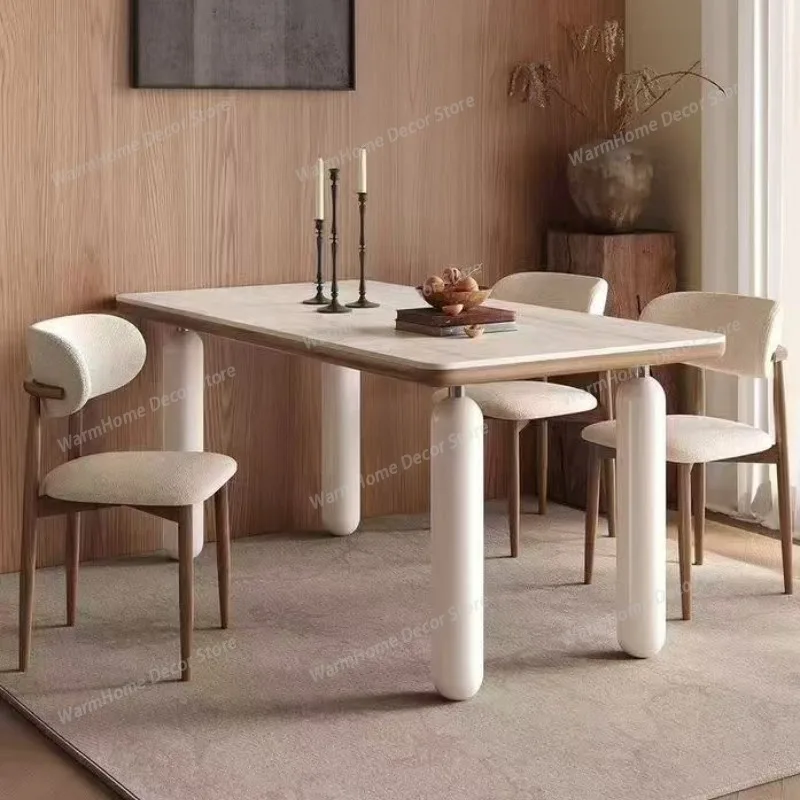 

French Cream-Style Rock Slab Dining Tables Modern Minimalist High-End Dining Room Dining Table Solid Wood Kitchen Furniture