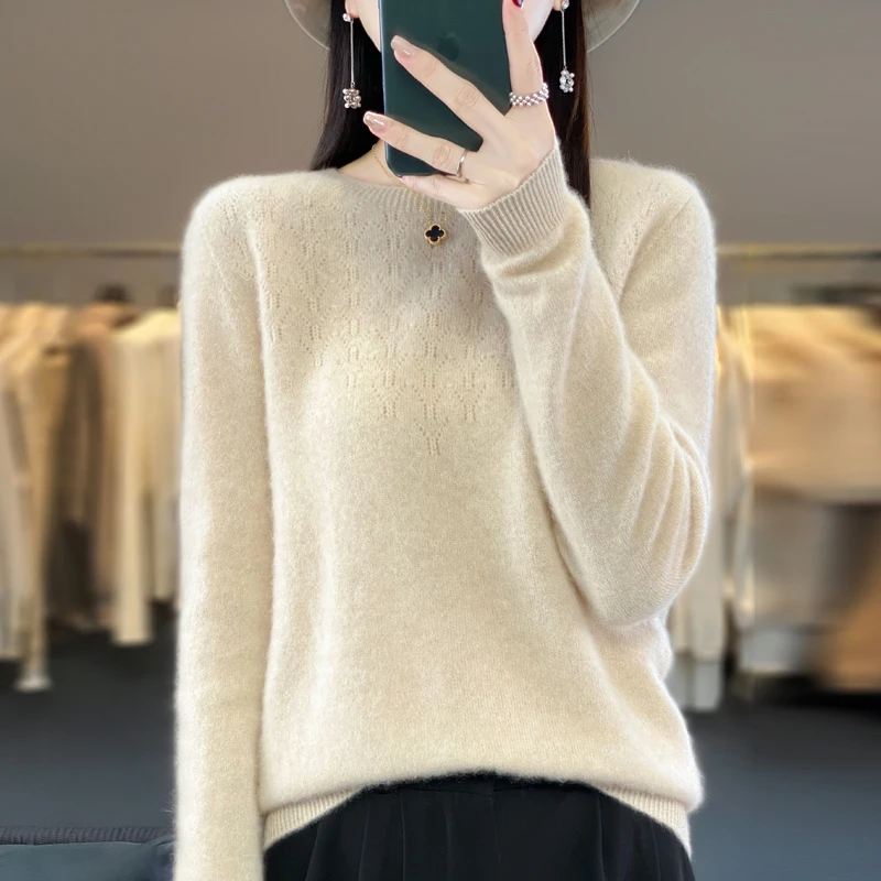 Autumn 100% Wool Sweater Women O-neck Hollow Out Long Sleeve Top Winter Fashion Casual Knitted Female Warm Loose Pullover Jumper