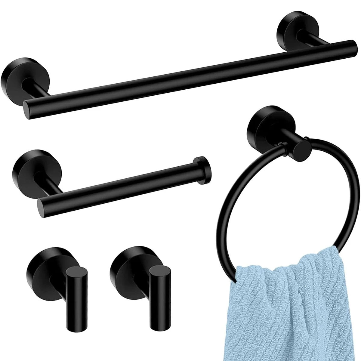 Schwarzes Badezimmer-Zubehör-Set Wandmontierte Edelstahl-Handtuchstange Handtuchring Toilettenpapierhalter Haken Badezimmer-Kit