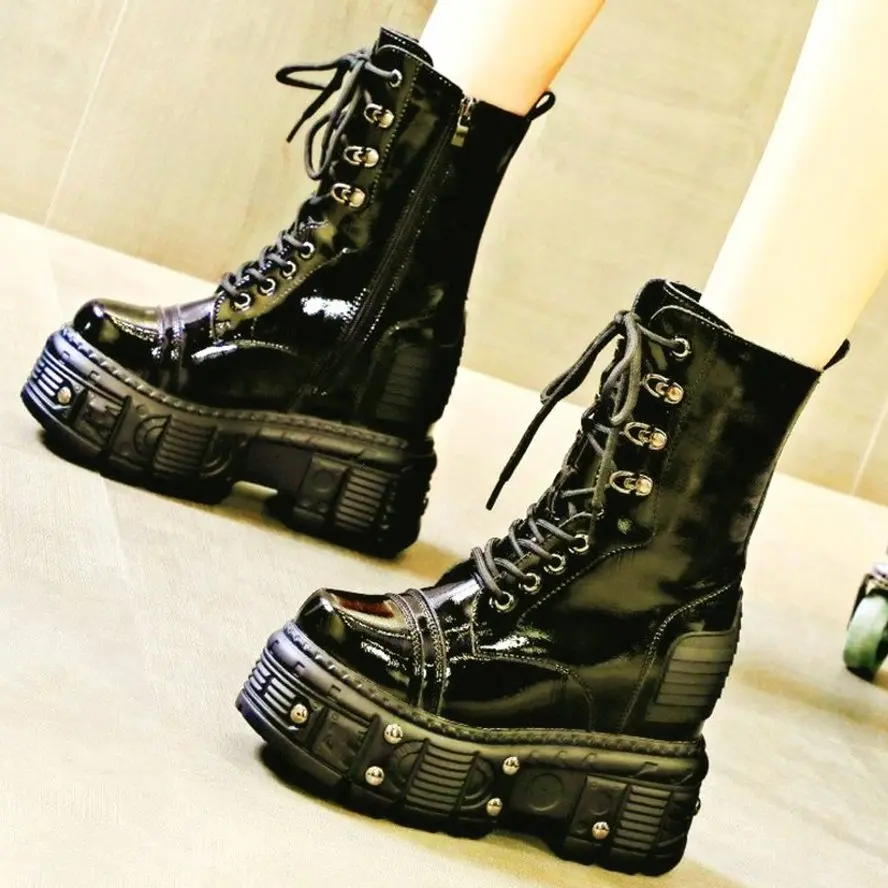 

Punk Ankle Boots Women's Genuine Leather Round Toe Platform Wedge Lace Up Buckle Creeper Oxfords High Heels Motorcle Riding Shoe