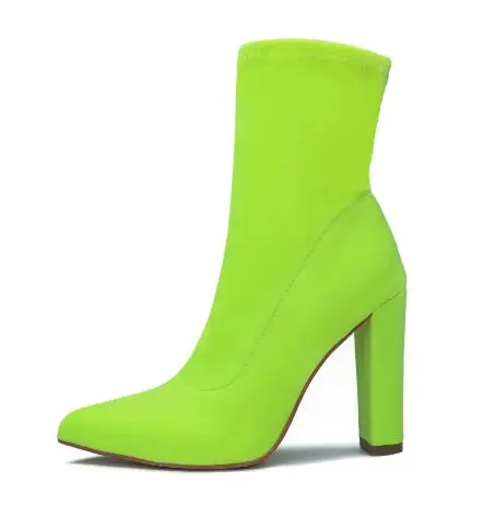 Hot Pink Fluorescent Yellow Purple Lycra Elastic Pointed Toe Slip On Square Heels Short Socks Boots Women Ankle Booties Lady