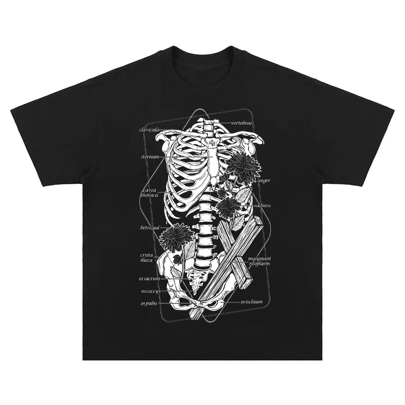 

2025 Summer Fashion T-Shirt Streetwear Skeleton Graphic T-Shirt Cotton Hipster Men T-shirt Unisex Tops Tees Black Hip Hop simple