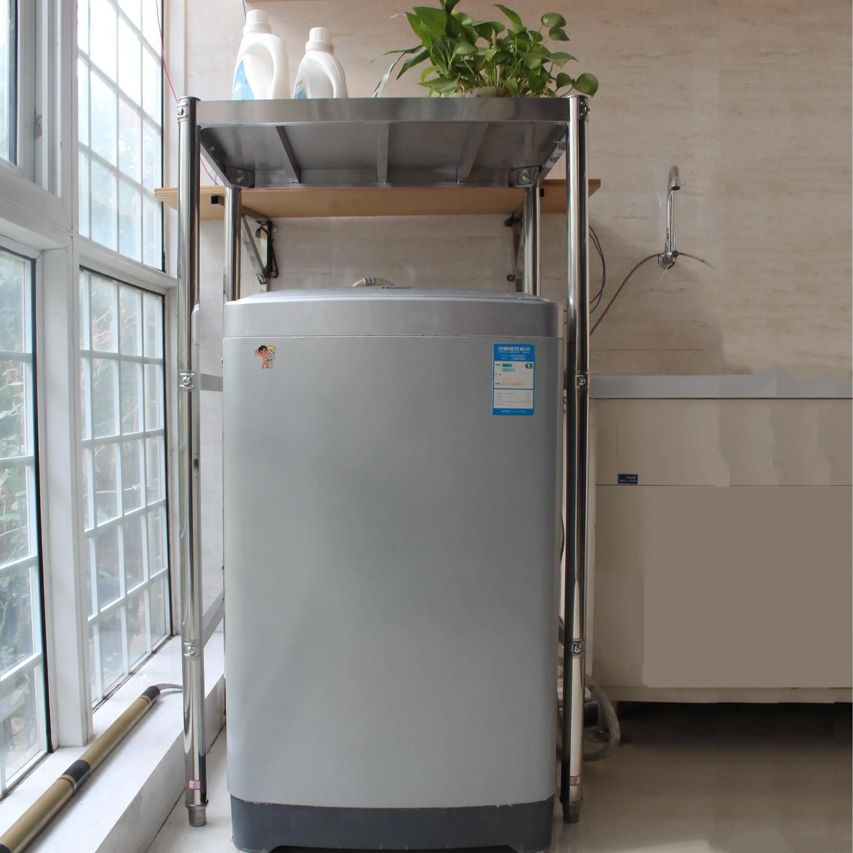 Stainless Steel Laundry Basket Storage Rack Balcony Thickened Flip Cover Washing Machine Upper Storage Rack Single Layer Grou...