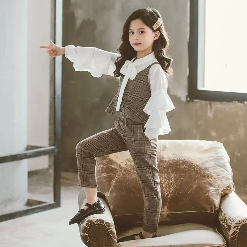 

Girls Clothing Sets 2024 Spring Autumn Kids Vest+Pants+Shirt 3 PCS Suit Plaid Children Outfits Baby Girls Clothes 5 8 10 12 Yr