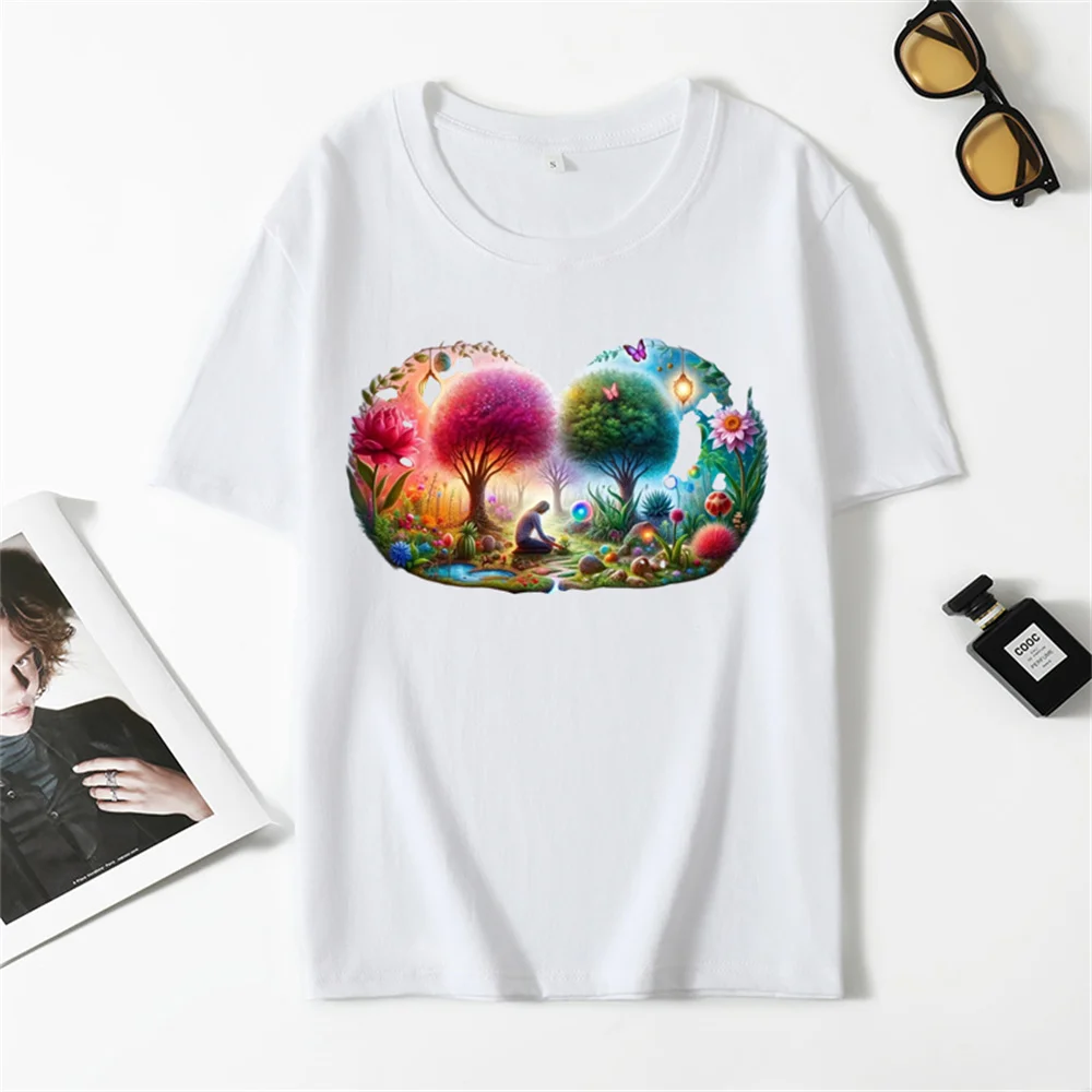 Creative floral tree printing Valentine's Day lovebirds rose print Cotton short-sleeved women's T-shirt round neck loose shirt