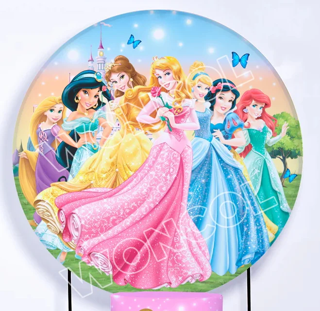 Princess Birthday Round Cover Aurora Snow White Belle Rapunzel Cinderella Ariel Backdrop Disney Princess Cylinder Cover Decor