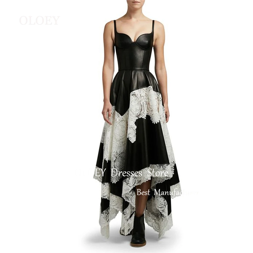 

OLOEY Modern 2025 New Black Evening Dress Asymmetrical Wedding Party Dress Leather Lace Custom Made Women Prom Gown Zip Back