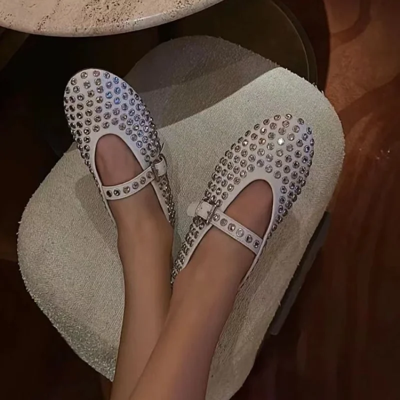 Europese Amerikaanse Damesmode Diamant Studded Mary Jane Enkele Schoenen Casual Platte Onderkant Ronde Neus Gesp Designer Schoenen