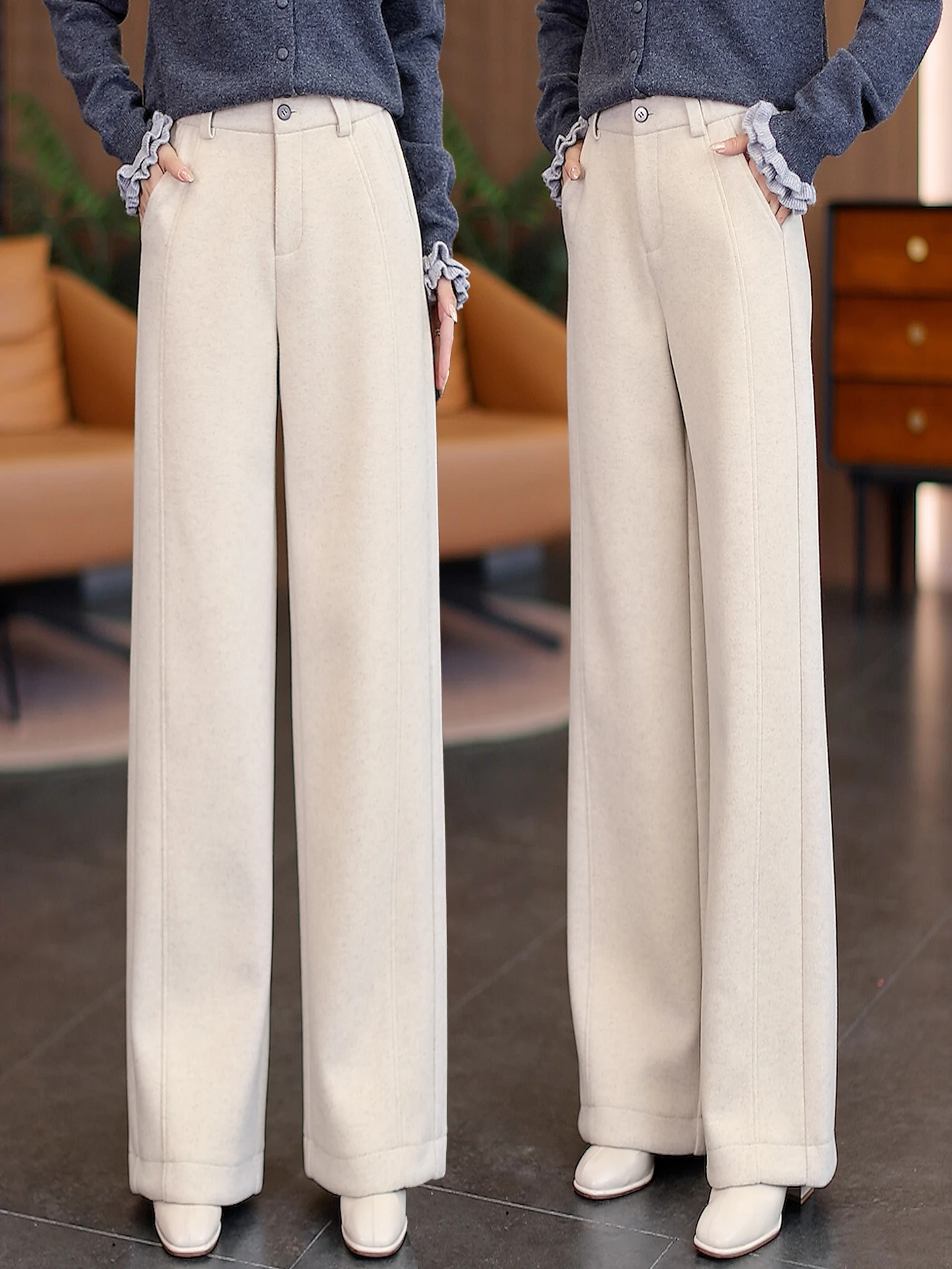 

Thickened Woolen Wide Leg Pants Women's Autumn Winter High Waist Slimming Casual Straight Loose Drapey Rice Noodle Pants
