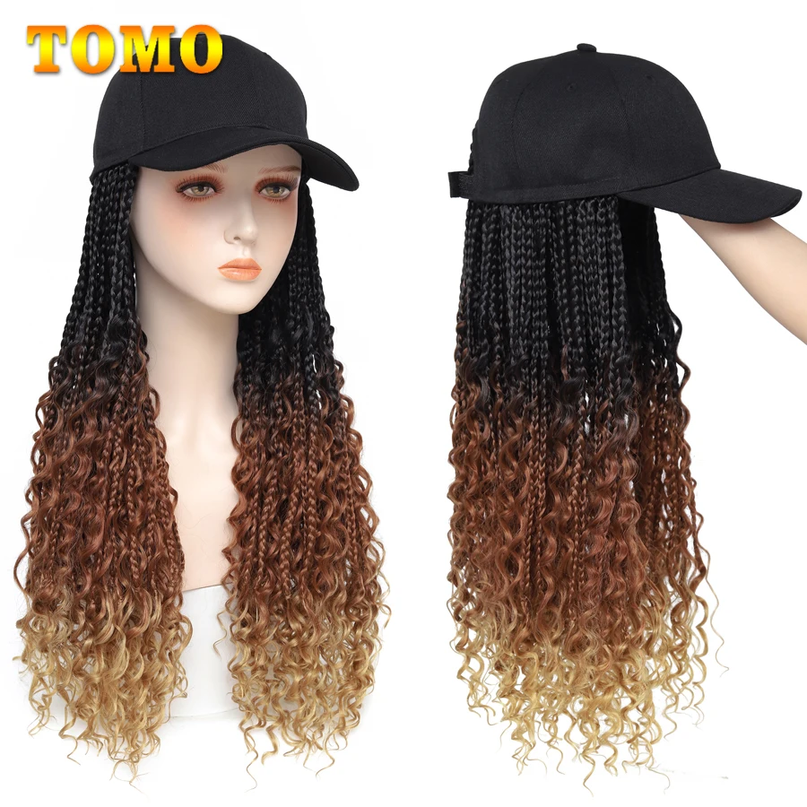 

TOMO Baseball Wig Cap With Boho Box Braids Hair Extensions 14 20 24” Adjustable Hat With Synthetic Wig Ombre Long Braiding Hair