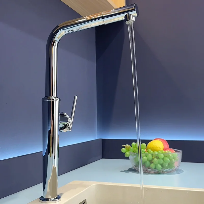 

Pull Out Single Handle Faucet For Kitchen Sink - Chrome - Rotary Multi-Functional Sink Faucet with Deck Mount