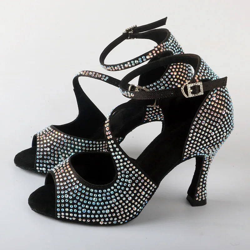 Venus Lure ที่กําหนดเองสุภาพสตรีรองเท้าเต้นรําบอลรูม Rhinestones Suede Sole ซาตินสีดําส้นเต้นรํารองเท้าแตะ 9 ซม