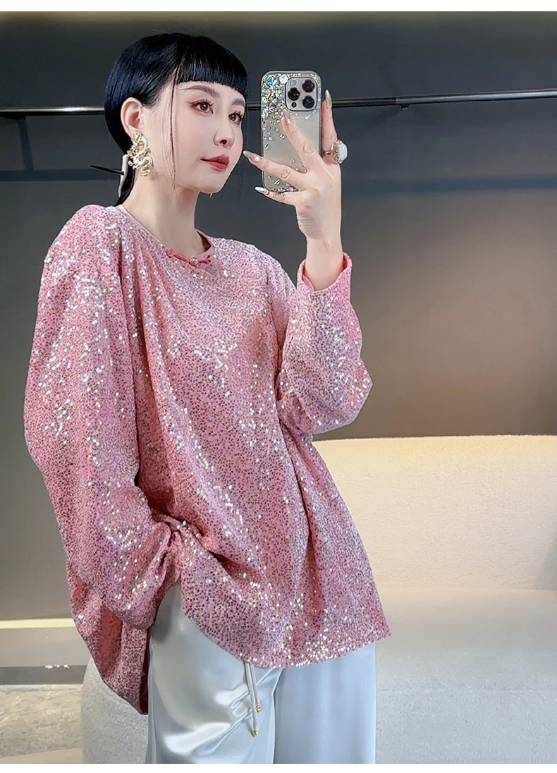 High-Quality Spring New Fairy Style O-Neck Fashion Sequin Embroidered Top Women's Long Sleeve Single Breasted Loose Shirt S-L