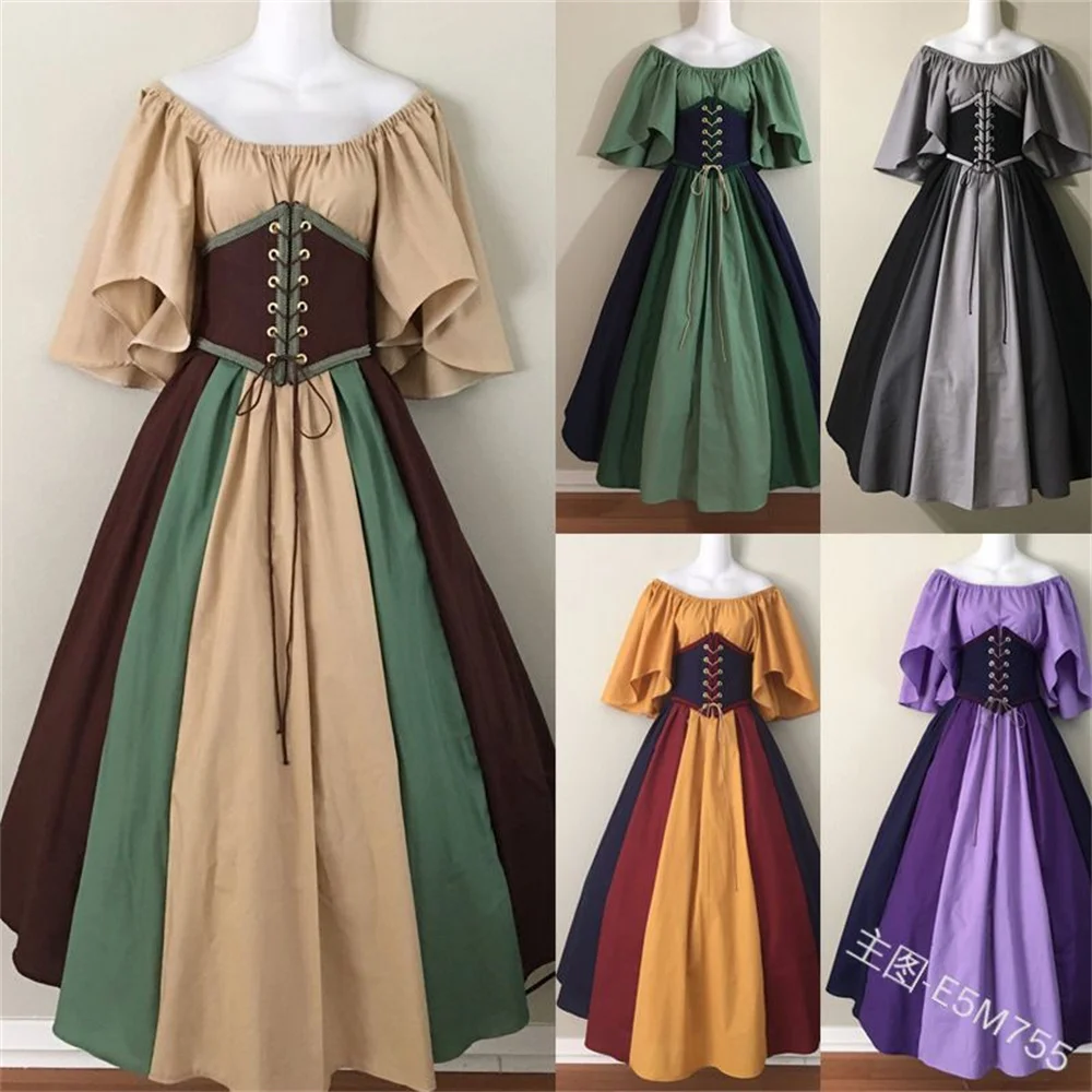 Medieval Vintage Contrast Color Stitching Flying Sleeve Lace-up Dress One-shoulder Dress Stage Performance Dress Female