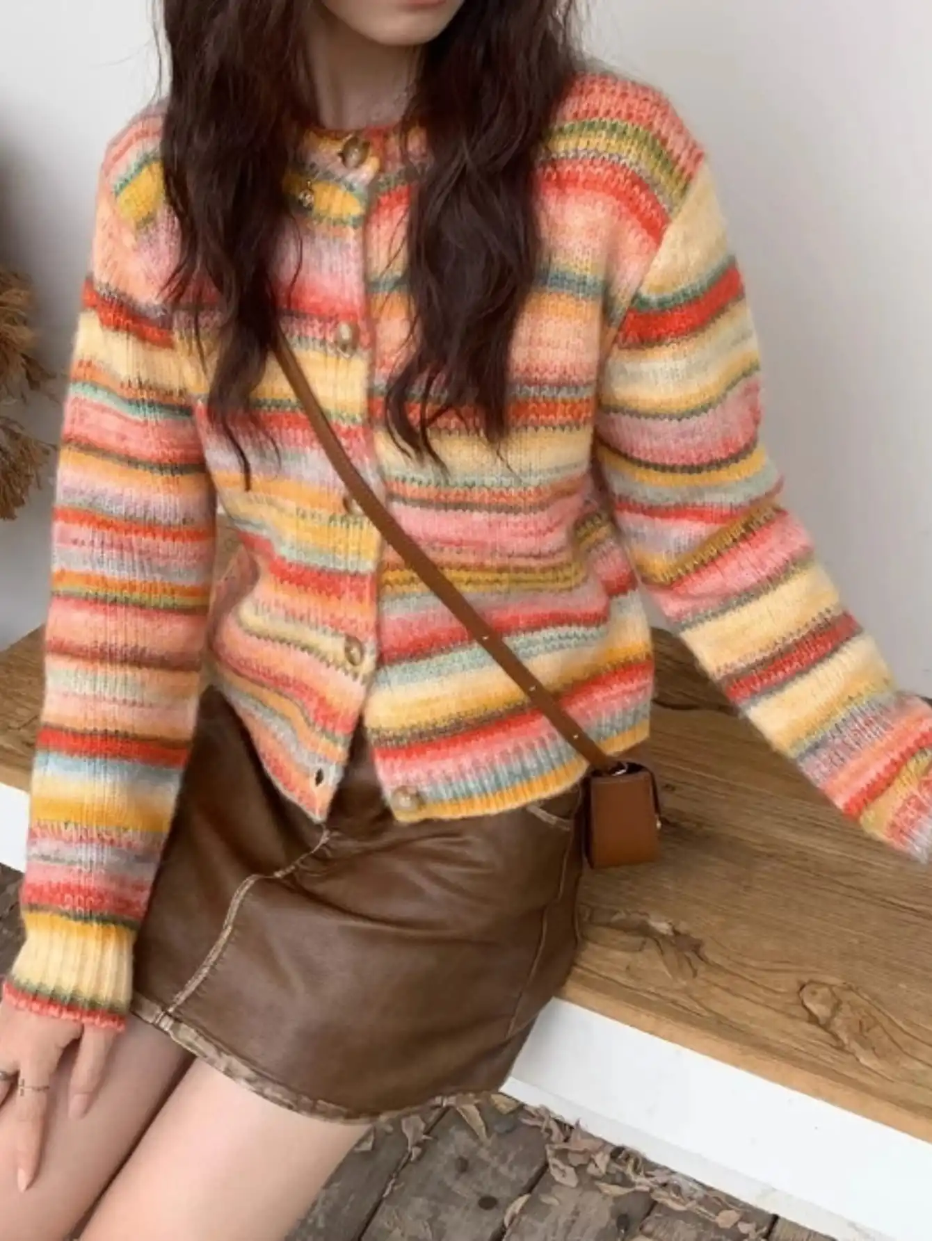 

Women's Colorful Striped Knit Cardigan, French Vintage Style, Casual Fall Winter Jacket with Buttons