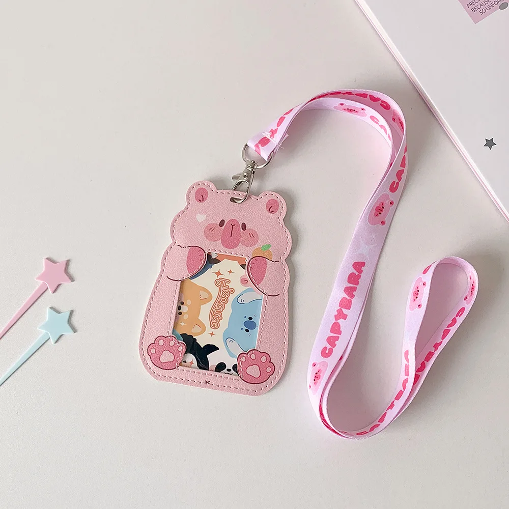

Cartoon Animal PU Leather Card Holder with Neck Strap Lanyard Animal Bus Card Case Badge Holder For Travel Everyday Use Id Card