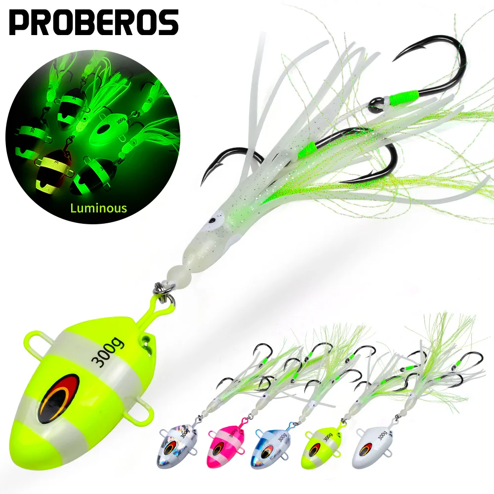 

Proberos 1pc Silicone Jig Baits with Dual Hooks Luminous Squid Fishing Lures Set Glowing Deep Sea Offshore Trolling Rigs ﻿