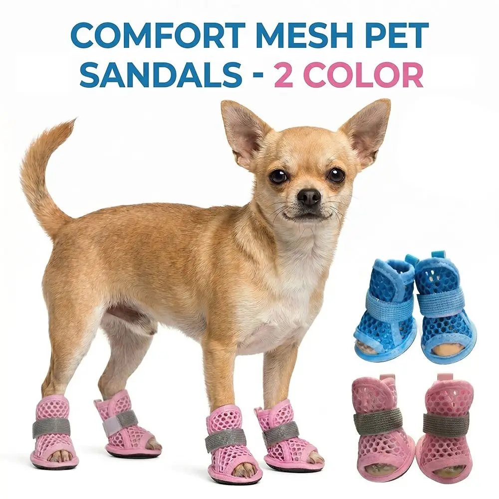 4Pcs Portable Mesh Dog Shoes Soft-sole Non-slip Pet Sandals Elastic Strap Wear-resistant Dog Foot Cover Summer