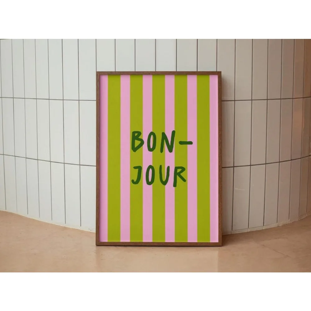 Bonjour Print,Pink Green Striped Poster Background,Bedroom Art Print,Modern Home Decor,Typography Art,Trendy French Quote Poster