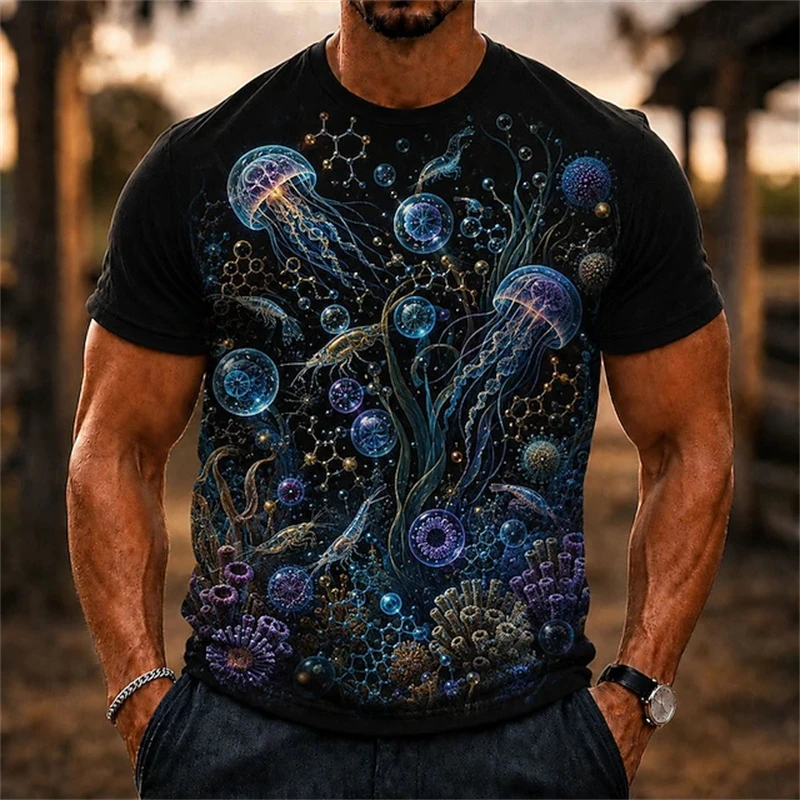 Fashion Marine Life Graphic Men's Summer 3D Printed Crew Neck T Shirt, Glowing Jellyfish Coral Deep Sea Fantasy Ocean Daily Top