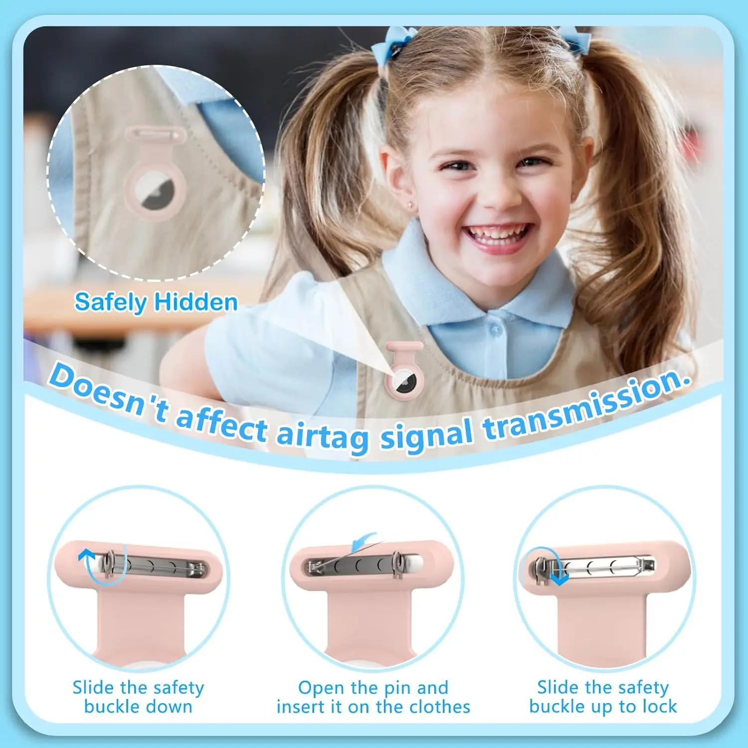 Hidden Airtag Holder for Kids  GPS Tracker Silicone Air tag Holder with Brooch Pin, Airtags Clip Child/Elderly/Backpack/Luggage