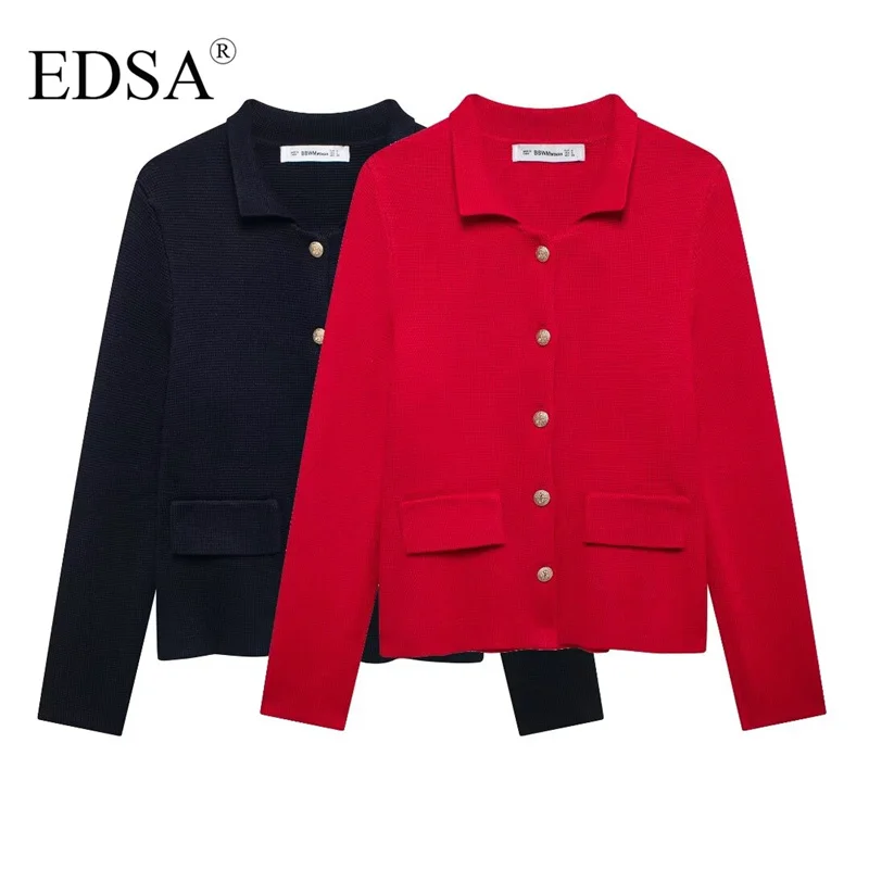 EDSA Women Buttoned Knit Cardigan Jacket Long Sleeves Front Welt Flap Pockets Single Breasted Sweater Coat for Autumn