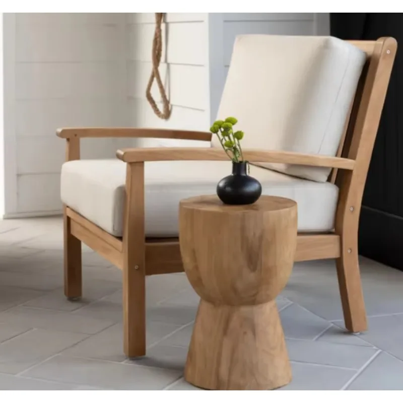 Outdoor Garden Single Sofa Solid Teak Wood Armchair Thick Removable Fabric Cushions Tropical Soft Handmade Hotel Patio Seating