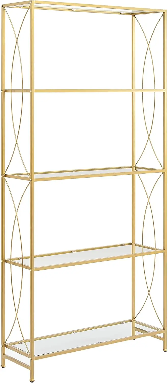 Helena Bookshelf with Glass Shelves, Bookcase Storage, Gold Adjustable Levelers on Legs 2025 USA New Products