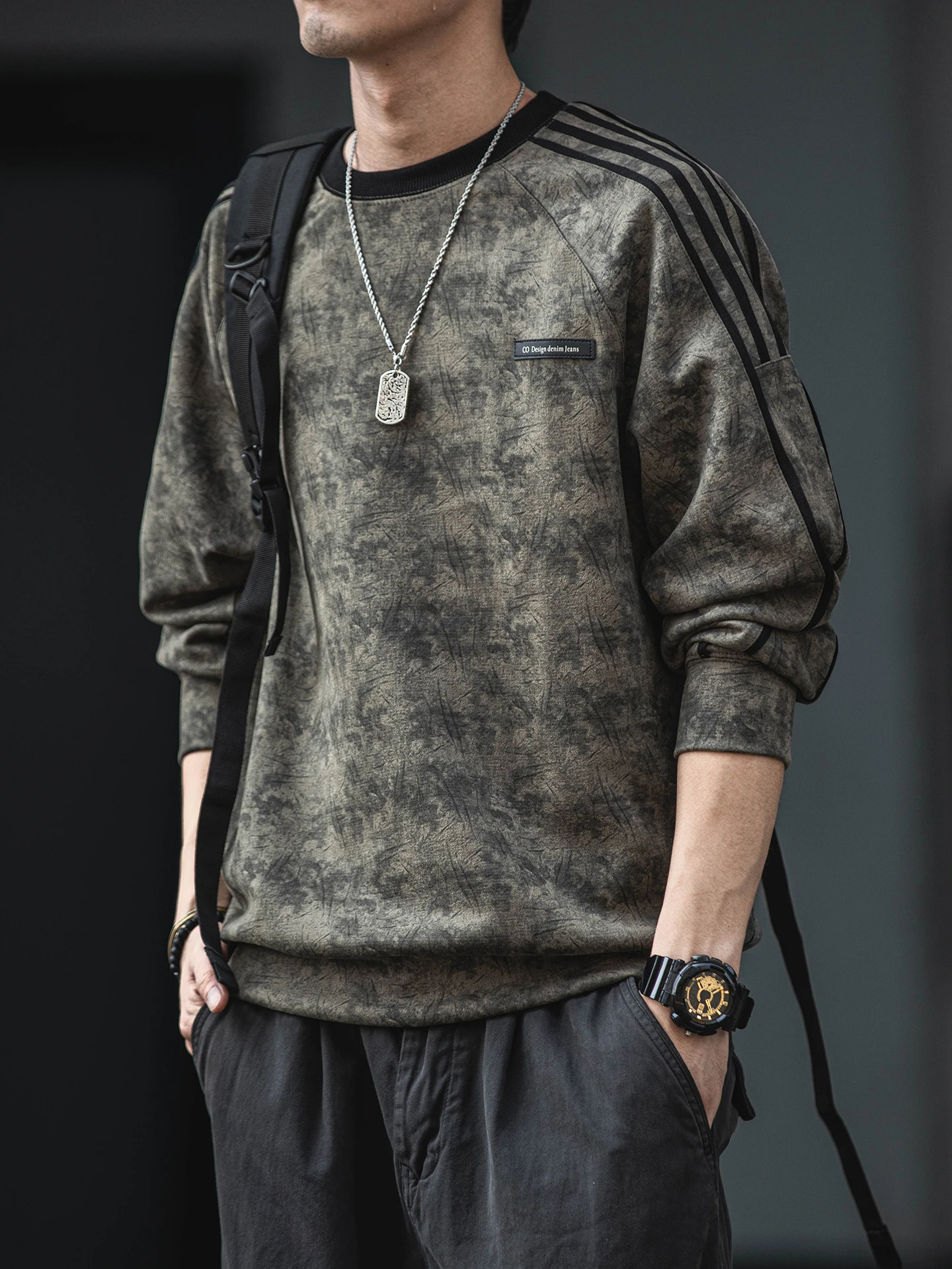 Mens American Suede Striped Sweatshirt Autumn Round Neck Pullover Plus Size Casual Sport Korean Streetwear Trendy Tops Male