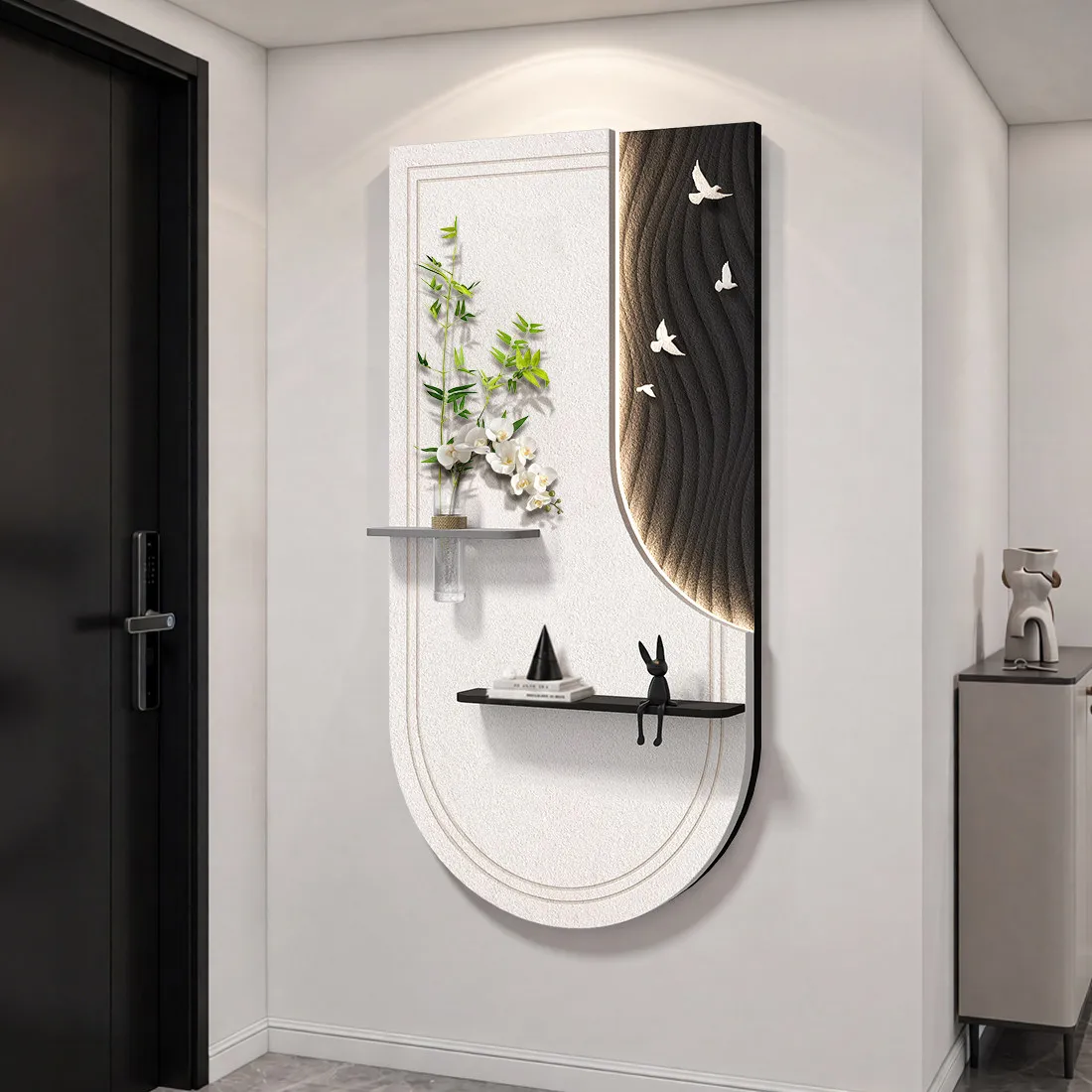 Modern minimalist entrance decoration painting, black and white high-end feeling, corridor three-dimensional texture, light pain
