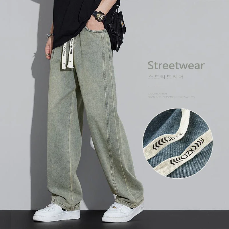 

Свободные прямые мужские джинсы в стиле ретро, осенняя мода, широкие джинсовые брюки с завязками, студенческие молодежные корейские уличные брюки Y2K